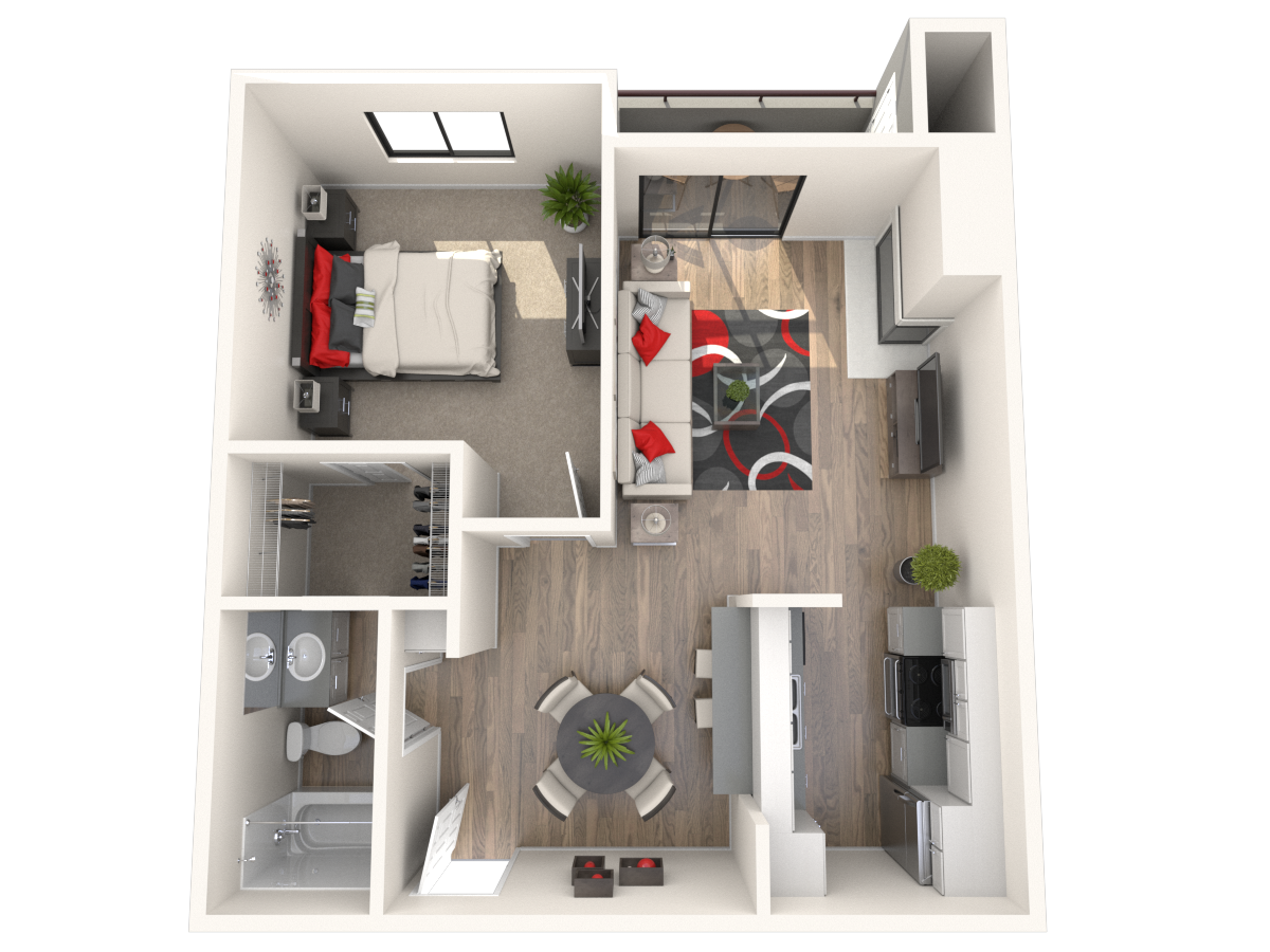 Floor plan for 1 bed, 1 bath, 598 sqft